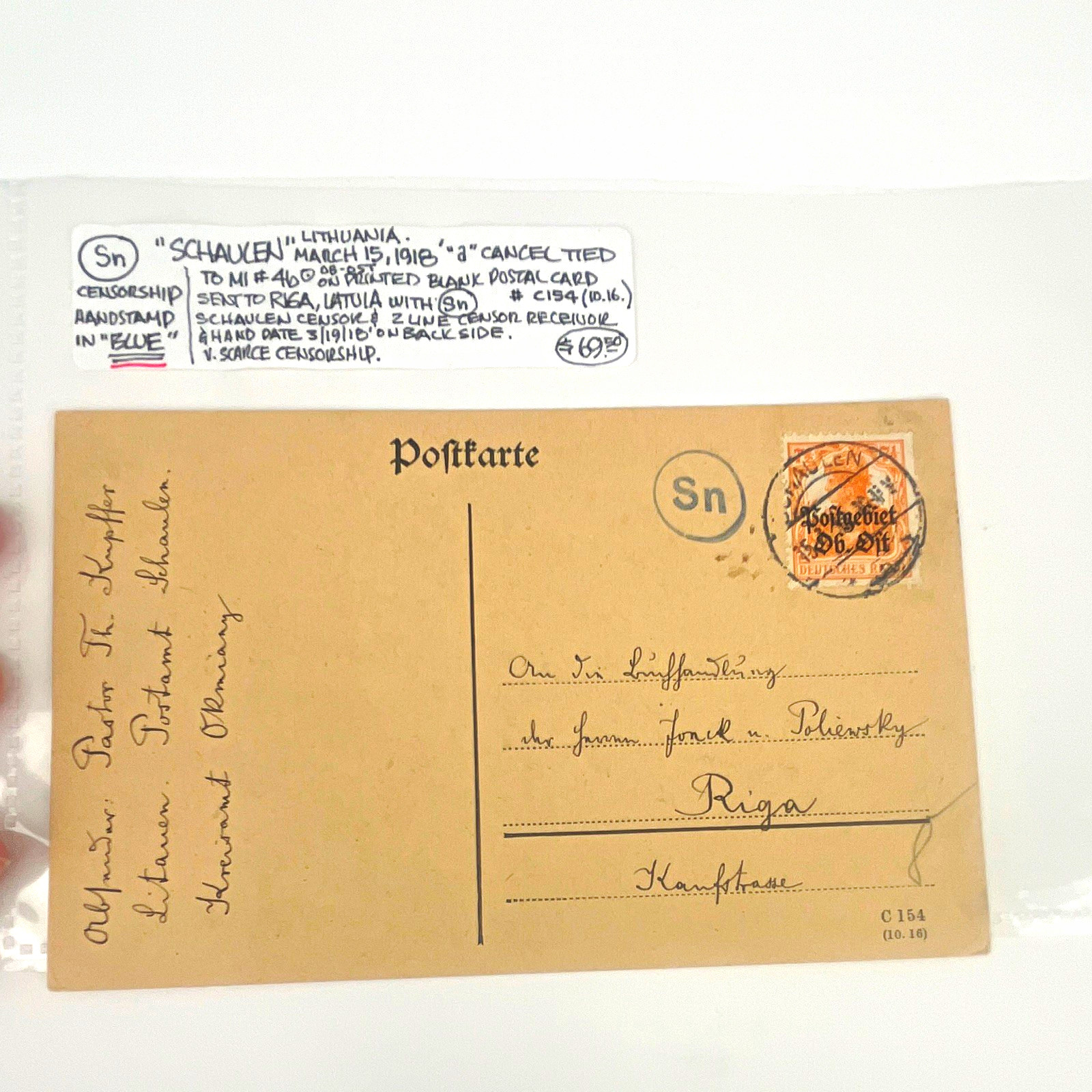 Schaulen Lithuania to Riga Latvia with blue Sn Censorship Z Line Recievor SCARCE