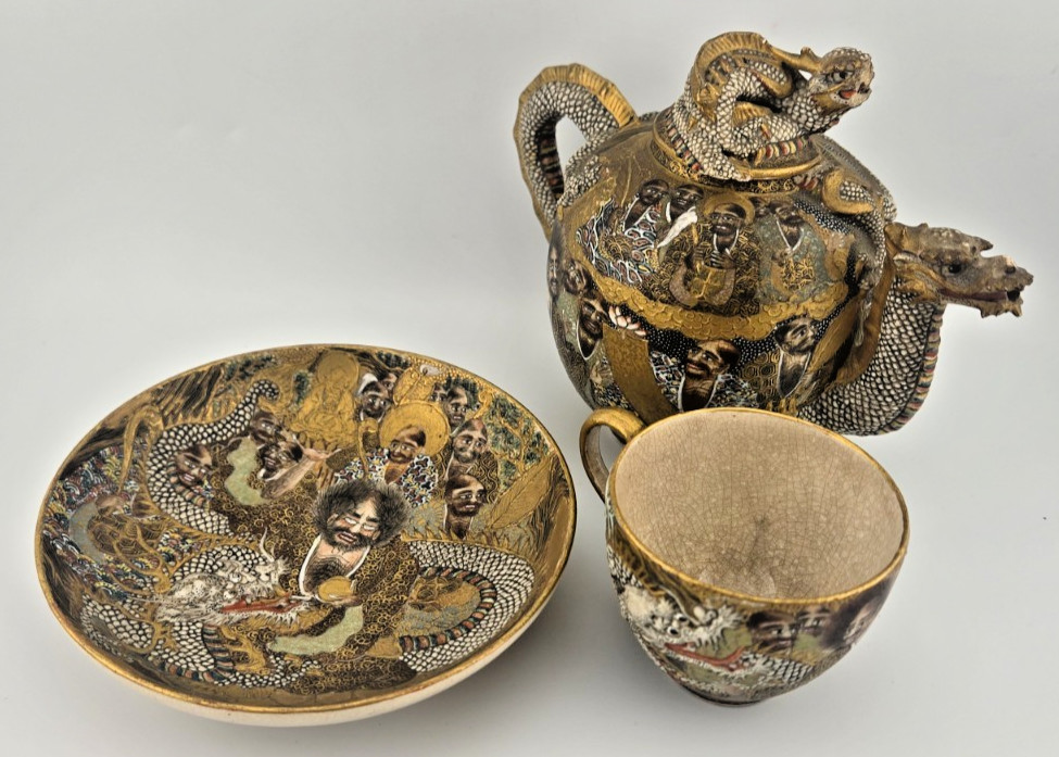 Antique Japanese Satsuma Dragon Teapot Tea Set Tokuju Mark Arhats Gold Gilt Meij