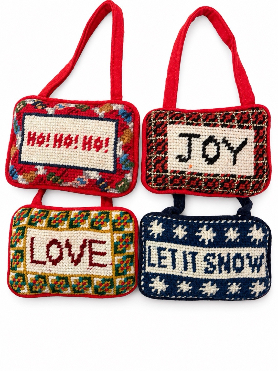 Lot of 4 Vtg Christmas Needlepoint Door Hanger Pillows Joy Love Snow HoHo Wool
