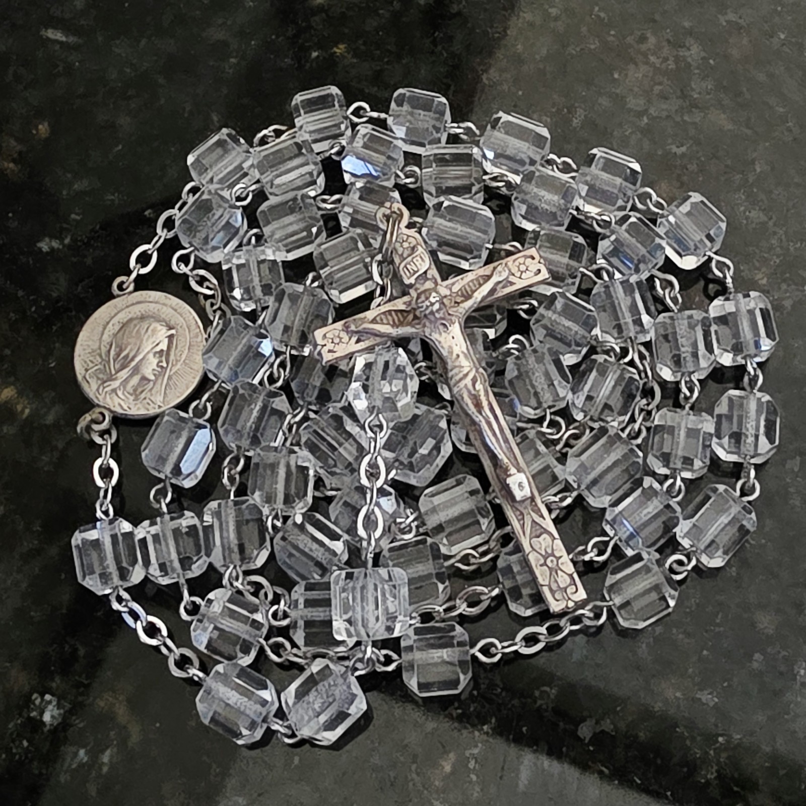 Vtg Kirk & Gormley Sterling Crucifix Rosary Square Faceted Quartz Crystal Beads Vtg Kirk & Gormley Sterling Crucifix Rosary Square Faceted Quartz Crystal Beads