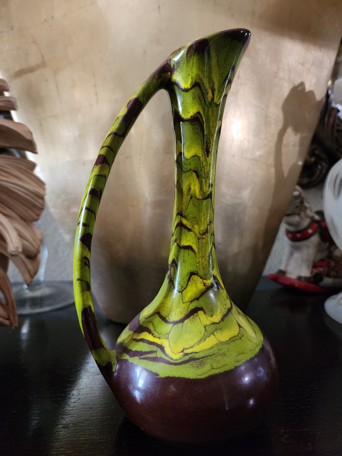 Vintage Mid Century Modern green Drip Glaze Ewer Pitcher Vase Art Pottery