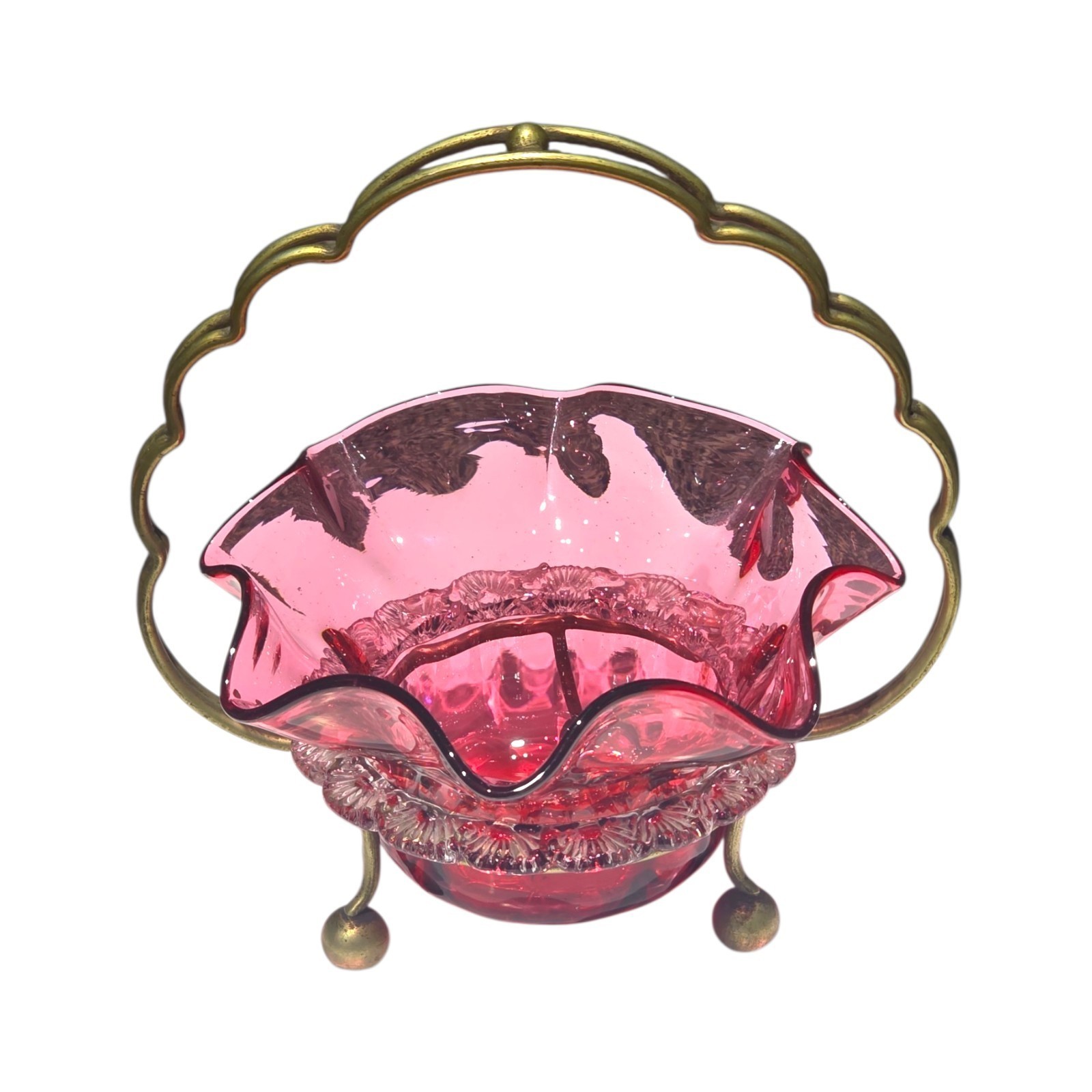 C1890 ANTIQUE ORNATE CRANBERRY GLASS OPEN SALT CELLAR IN A  STAND