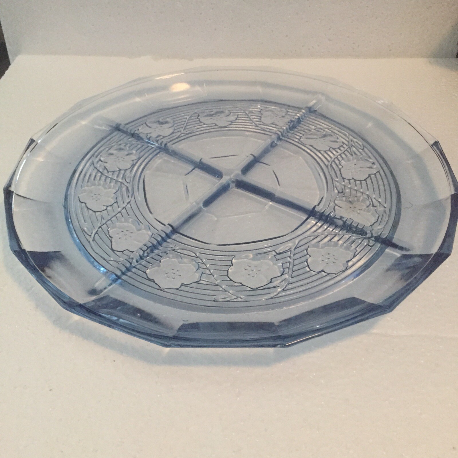 12” Clear Blue Glass Round 4 Part Relish Tray Dish Heavy Divided Floral Design 12” Clear Blue Glass Round 4 Part Relish Tray Dish Heavy Divided Floral Design