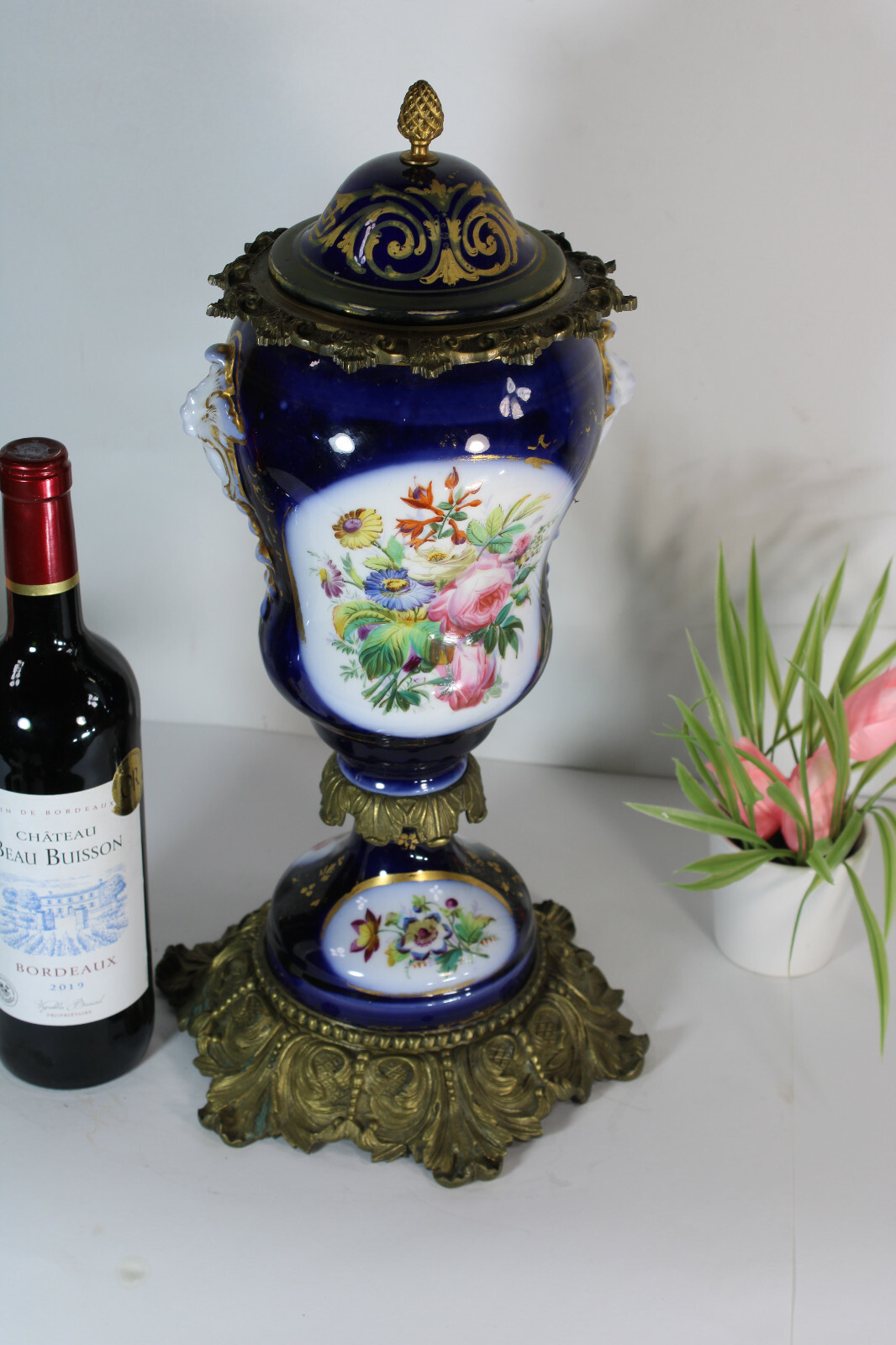 Antique French bayeux faience porcelain floral bronze vase 