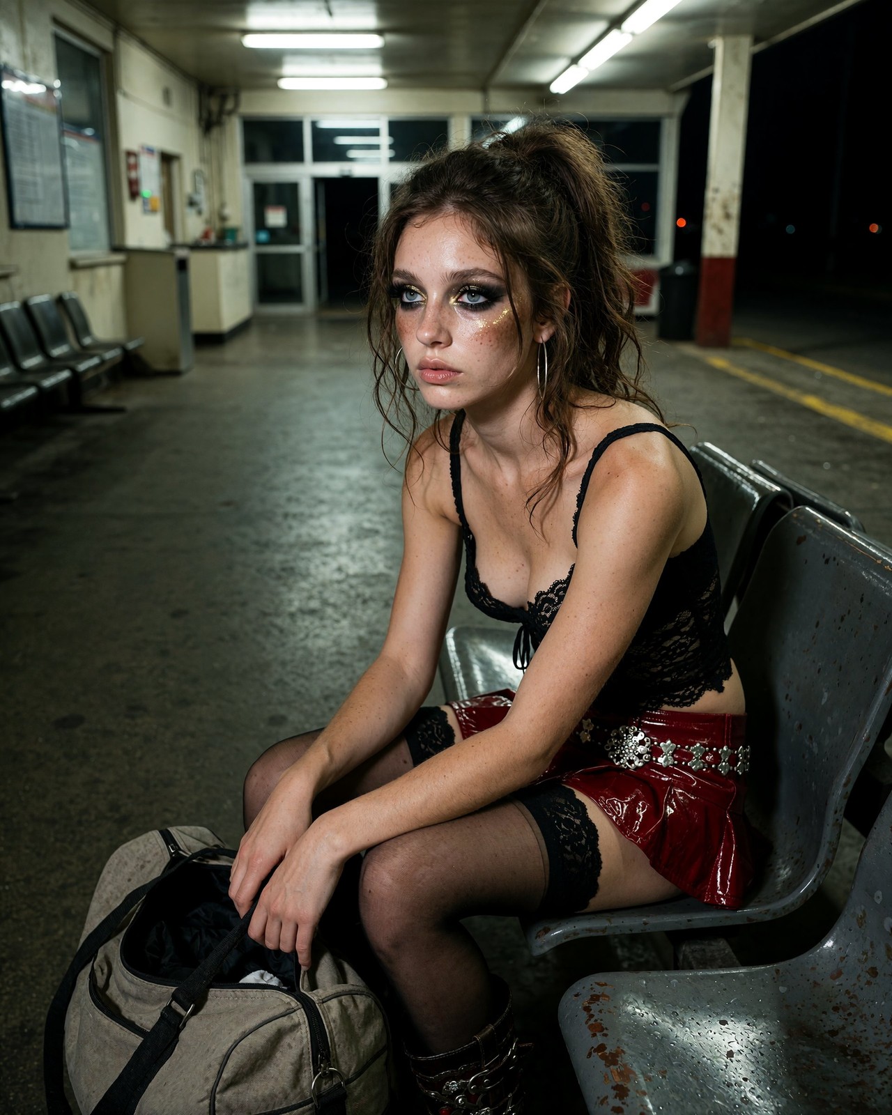 Brunette Curvy Bombshell Model Risque Night Bus Station 8x10 Photo Print - 69807