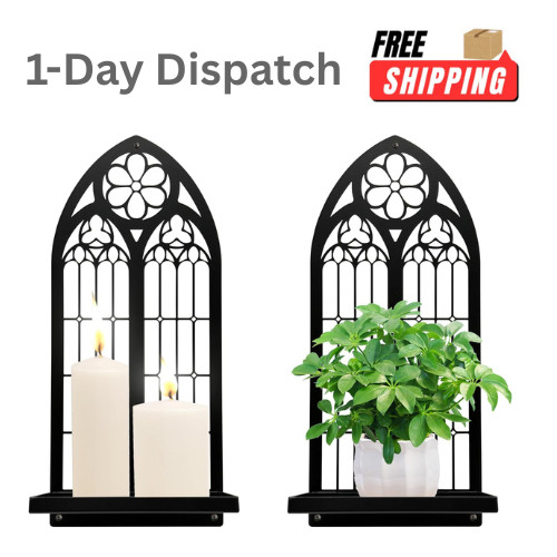 Gothic Wall Sconces Set of 2 Black Metal Candle Holders Arch Decor