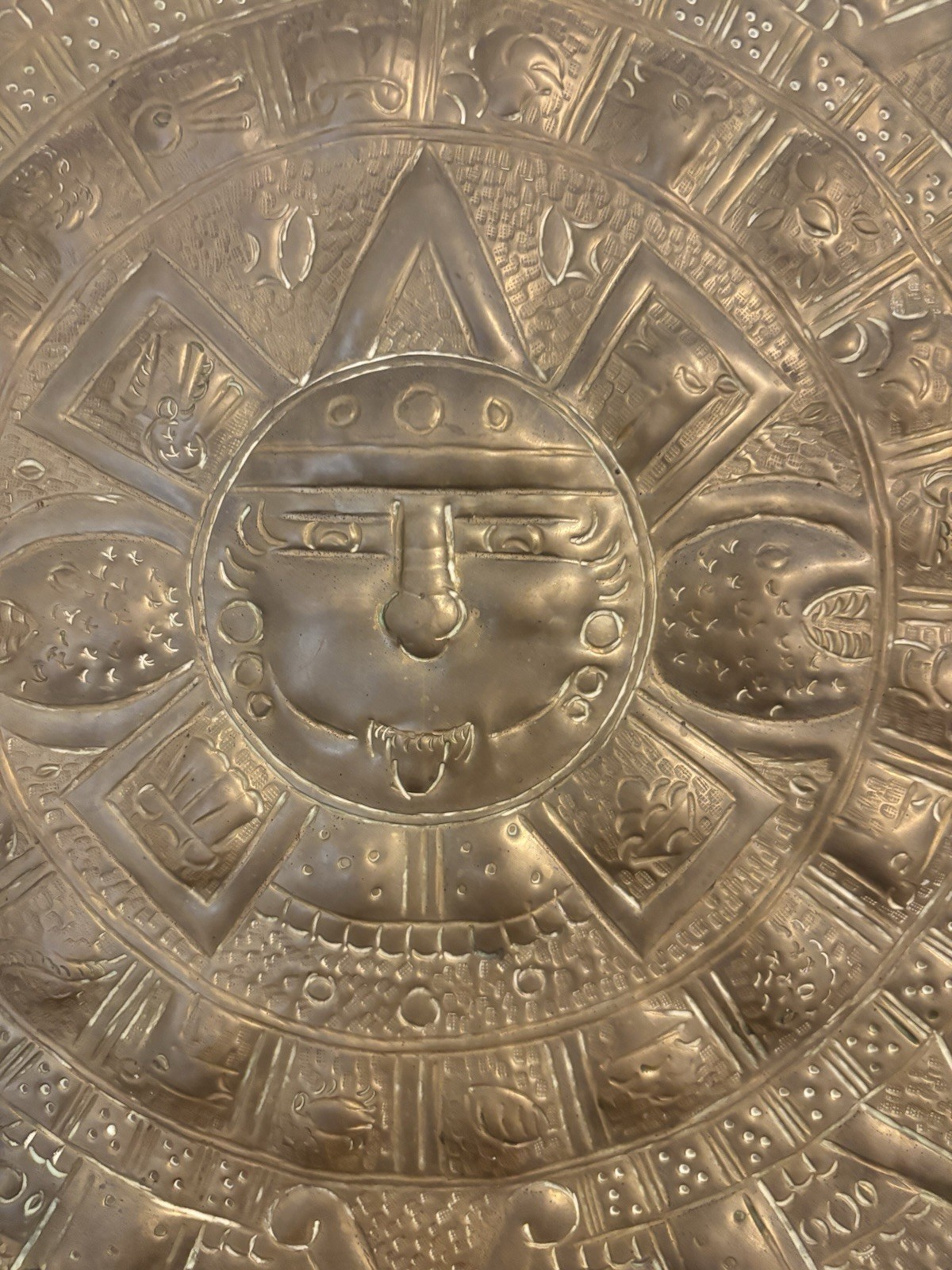 1970s Vintage Solid Brass Plate Aztec Mayan Sun Calendar Mexico Wall Art