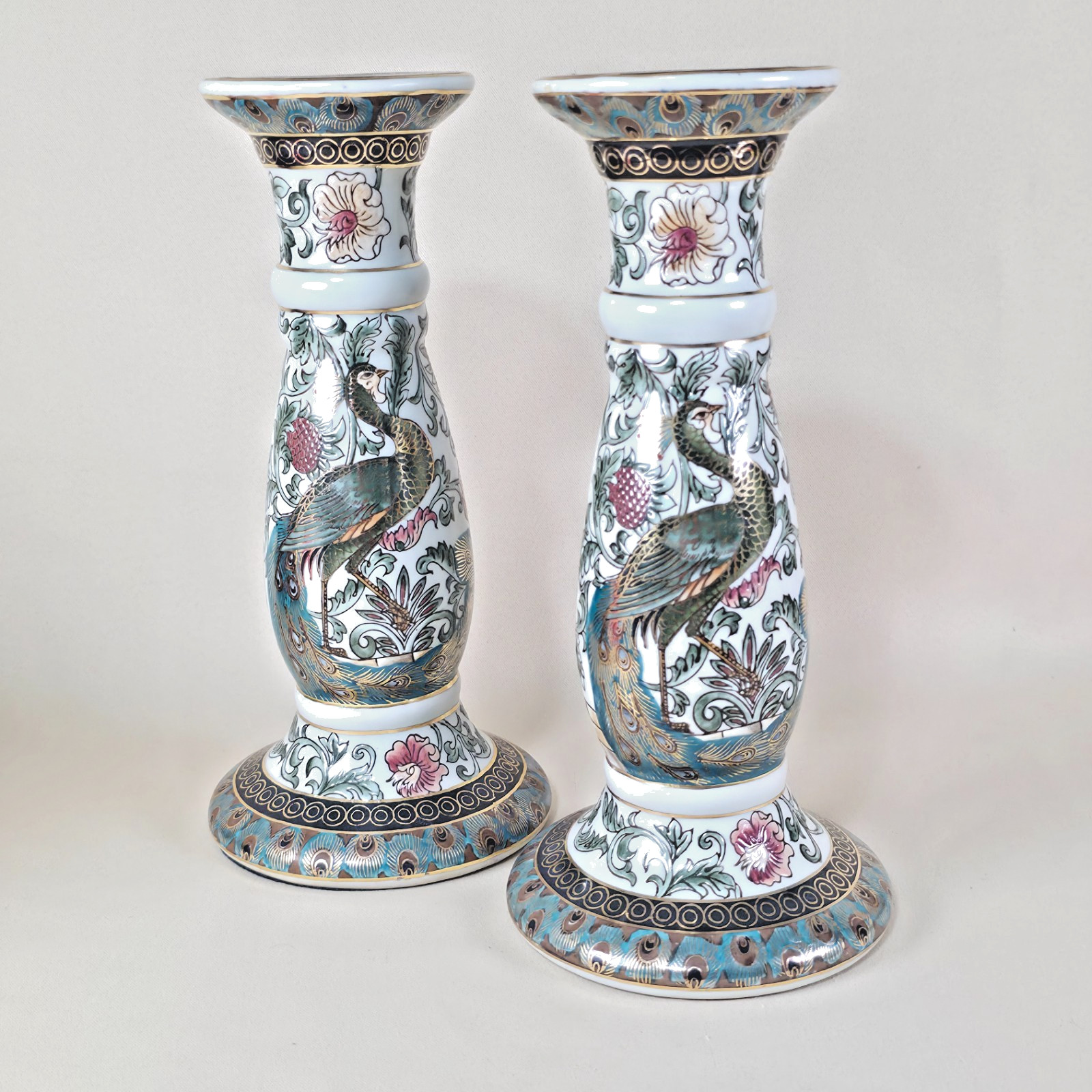 Vintage Chinoiserie Peacock Candlestick Holders Pair 10 Vintage Chinoiserie Peacock Candlestick Holders Pair 10