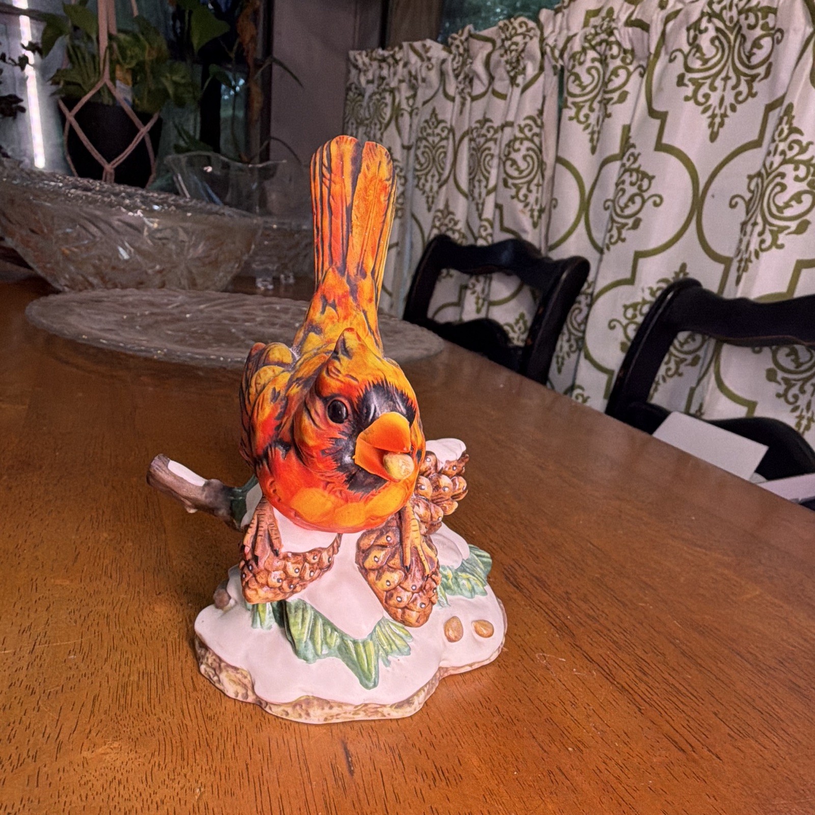 Ceramic Cardinal Bird Figurine Decor on Snowy Pinecone Base, Christmas Accent Ceramic Cardinal Bird Figurine Decor on Snowy Pinecone Base, Christmas Accent