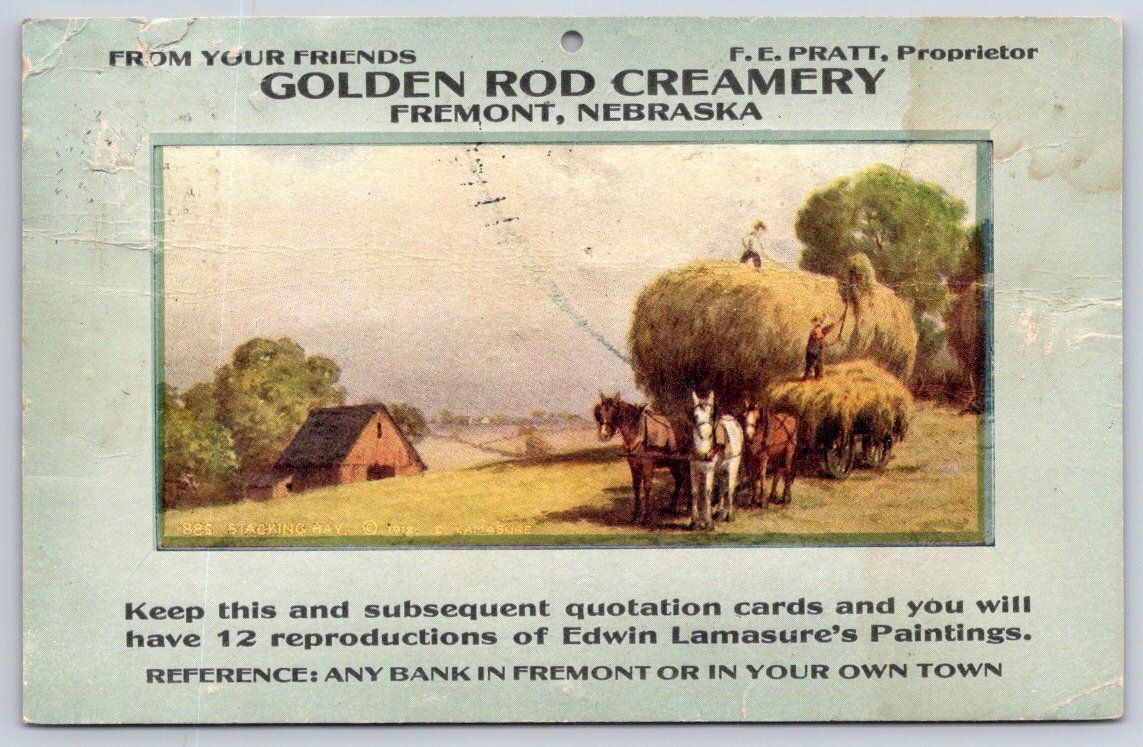 Antique Nebraska Postcard FREMONT Golden Rod Creamery Stacking Hay 1914 Antique Nebraska Postcard FREMONT Golden Rod Creamery Stacking Hay 1914