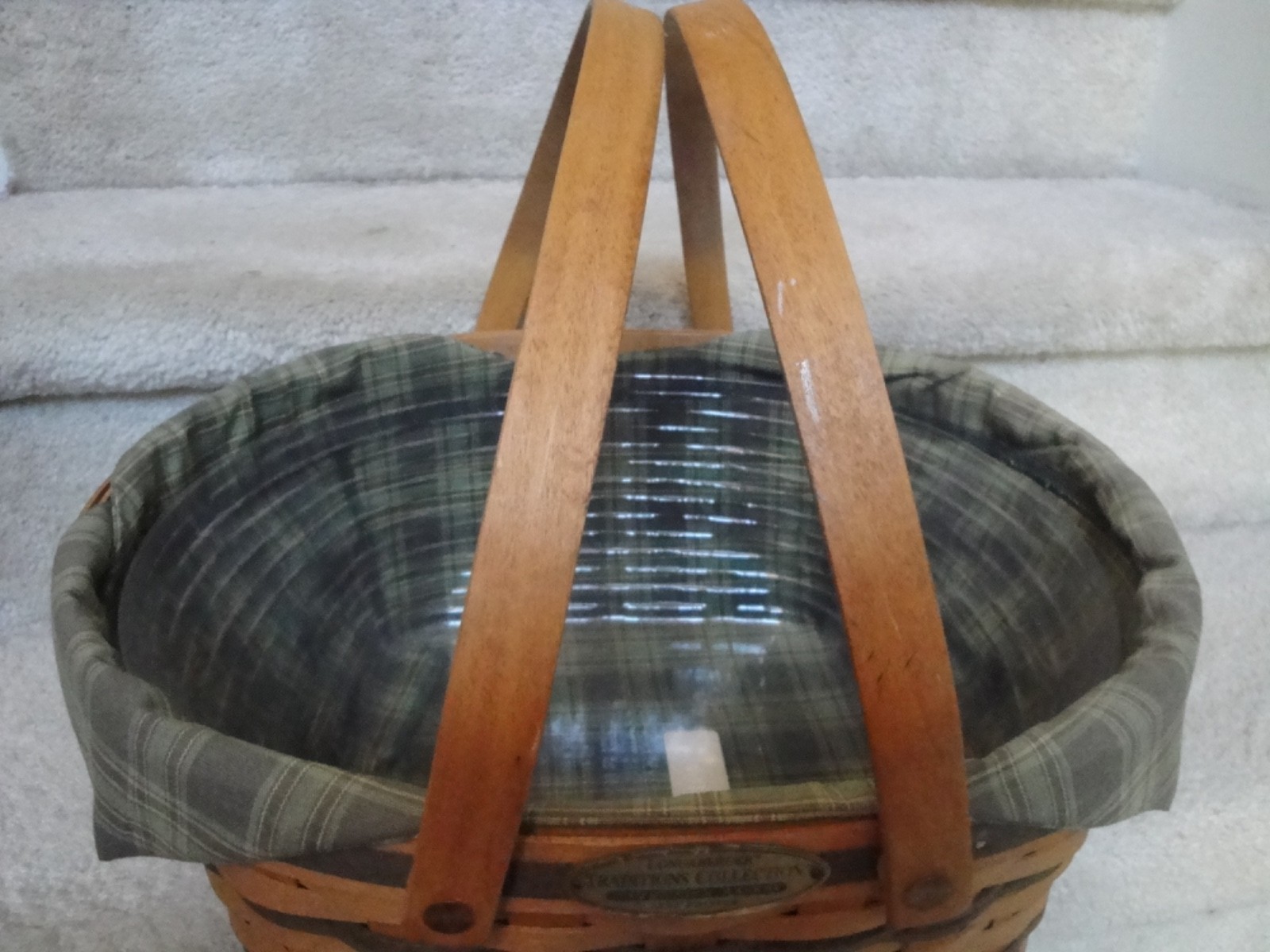 Vintage 1996 Longaberger Wood Woven Basket With Handles Cloth and Plastic Insert