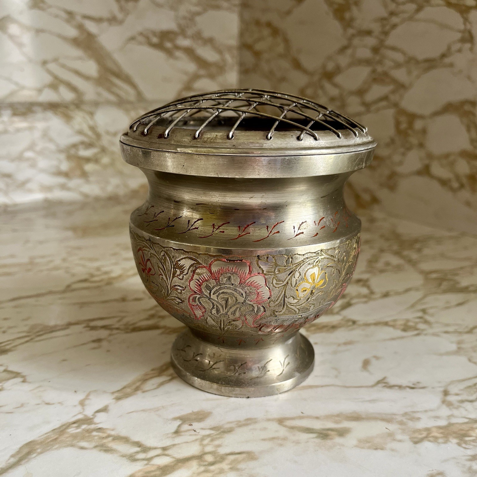 Vintage Hand Engraved Silver And Enamel Flower Frog Incense Burner Made In India