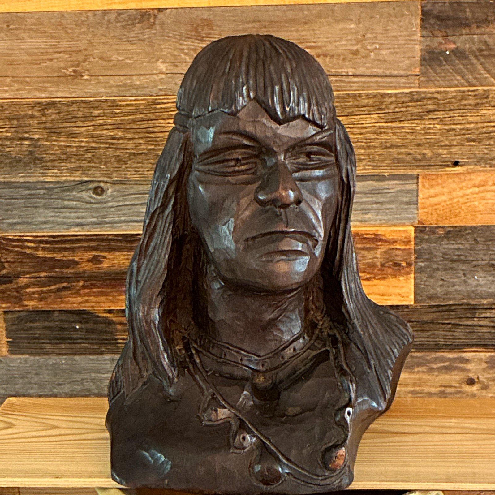 Vintage 10.5” Hand Carved Native American Chief Bust Wood Sculpture Rare Unique