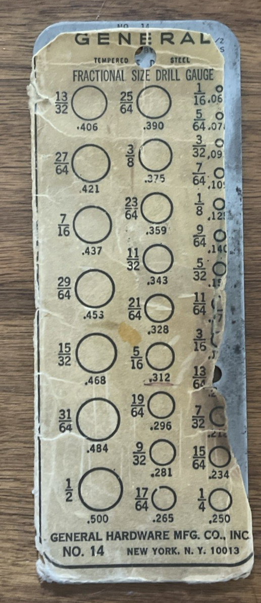 Vintage General Hardware No 14 Fractional Size Drill Gauge 1/16-1/2\