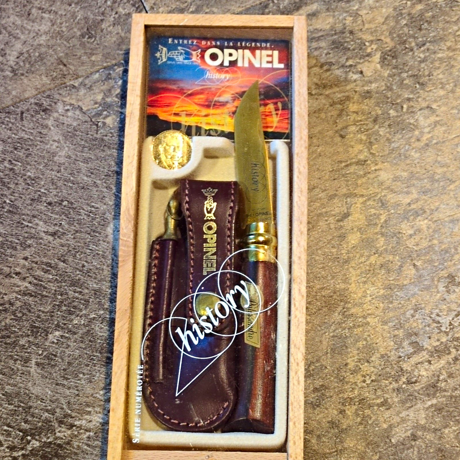 Opinel History No. 8 Pocketknife, Stainless Clip Point Blade, Sheath Box Opinel History No. 8 Pocketknife, Stainless Clip Point Blade, Sheath Box