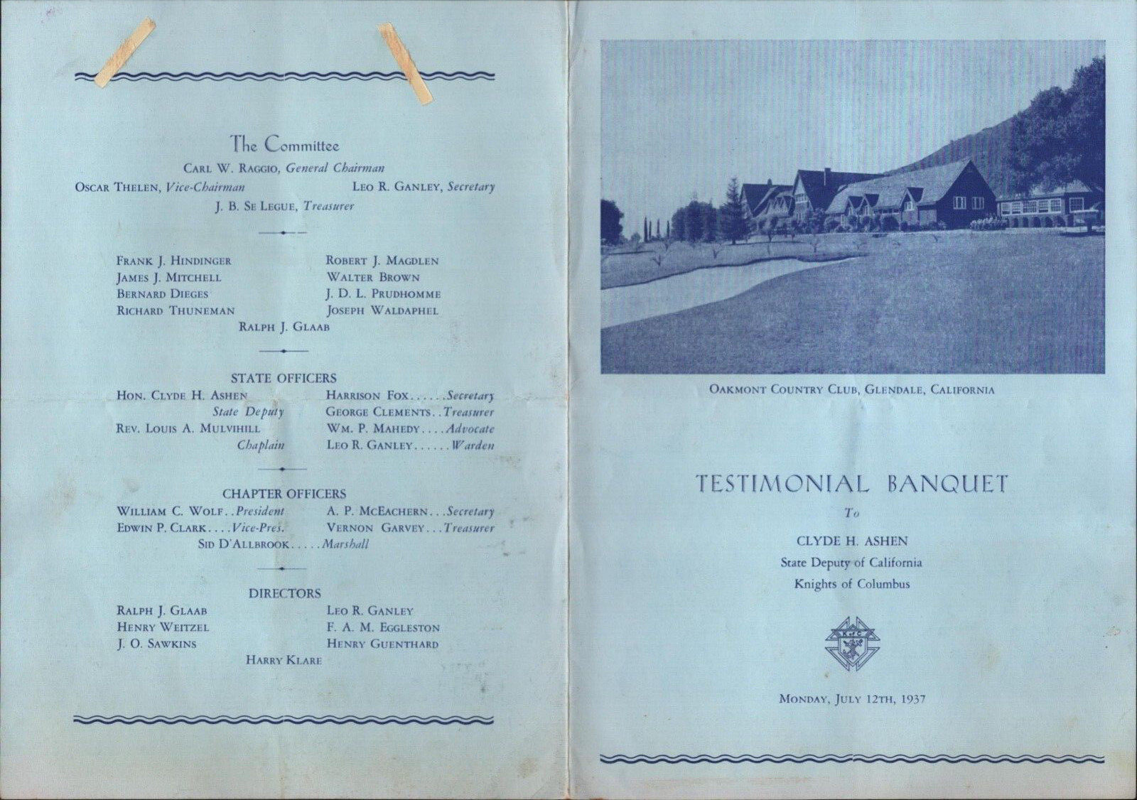 1937 OAKMONT COUNTRY CLUB - GLENDALE, CALIFORNIA vtg testimonial banquet program 1937 OAKMONT COUNTRY CLUB - GLENDALE, CALIFORNIA vtg testimonial banquet program