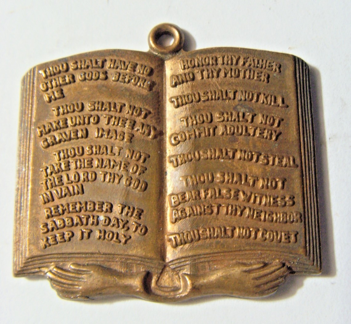 1920s antique Christian religious ten commandments copper tablet pendant 55120 1920s antique Christian religious ten commandments copper tablet pendant 55120