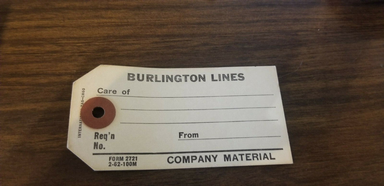 VINTAGE BURLINGTON LINES MATERIAL/BAGGAGE TAG - NEW OLD STOCK