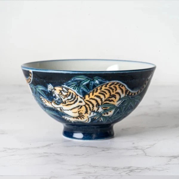 Mino ware Japanese Ceramics Rice Bowl Roaring Tiger Blue, Made In Japan