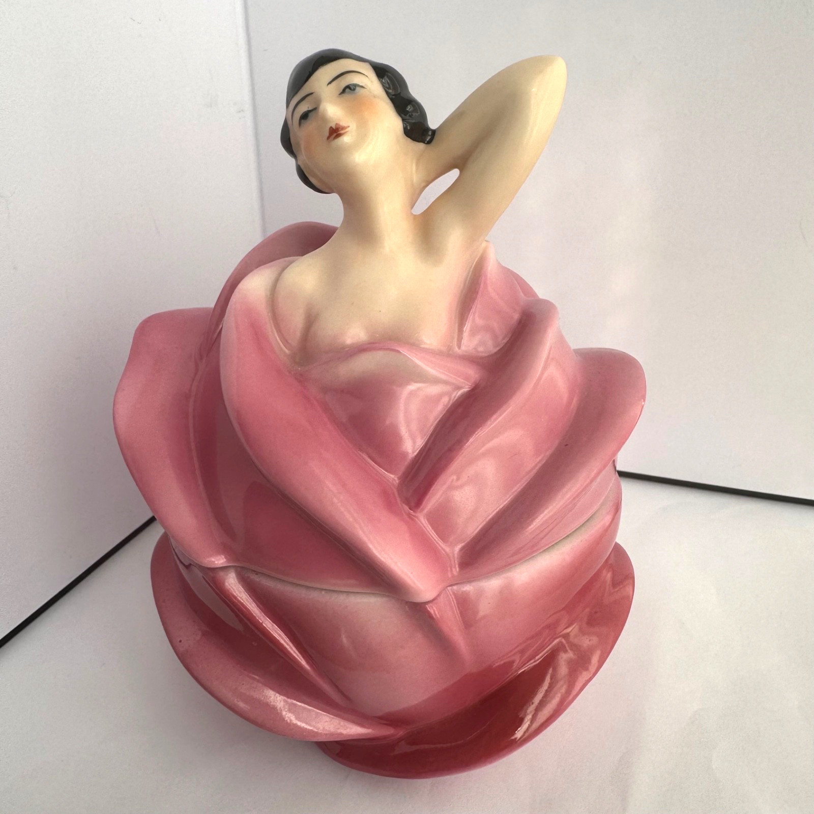 Vintage Germany Porcelain Lady Figurine Trinket Box Pink Rose Art Jewelry Box