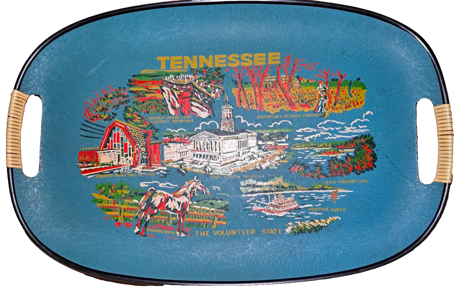 Vintage 50s-70s Tennessee Oval Fiberglass & Plactic  Serving Tray w/ Handles