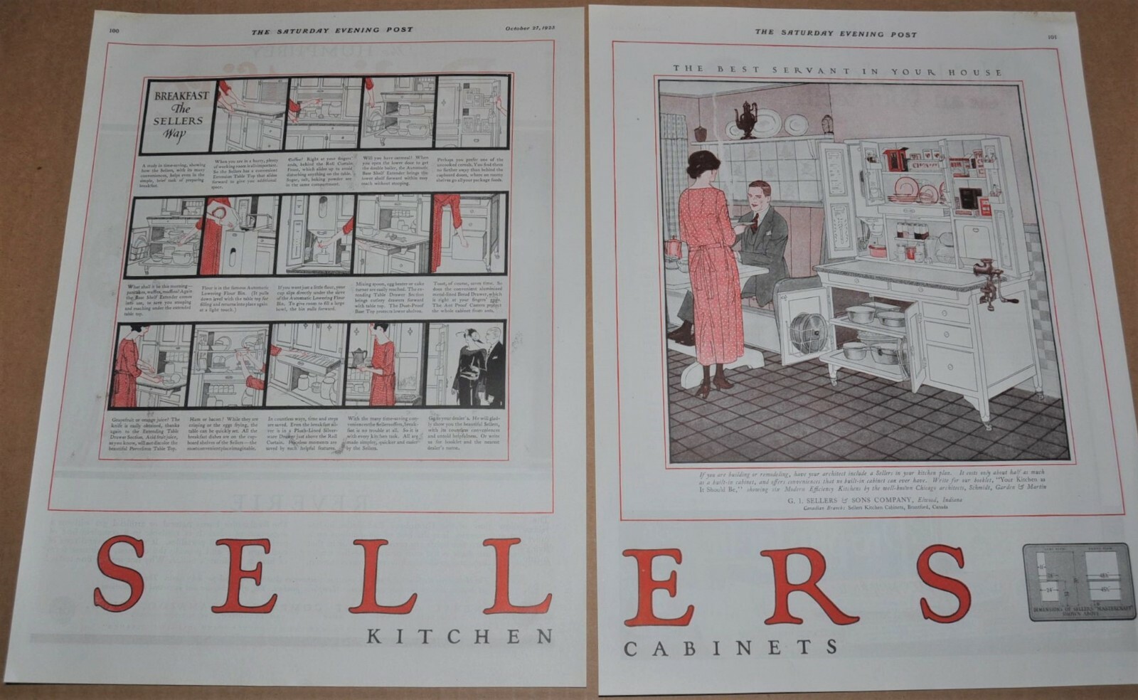 1923 SELLERS KITCHEN CABINET 2-page advertisement, 20s kitchen nook
