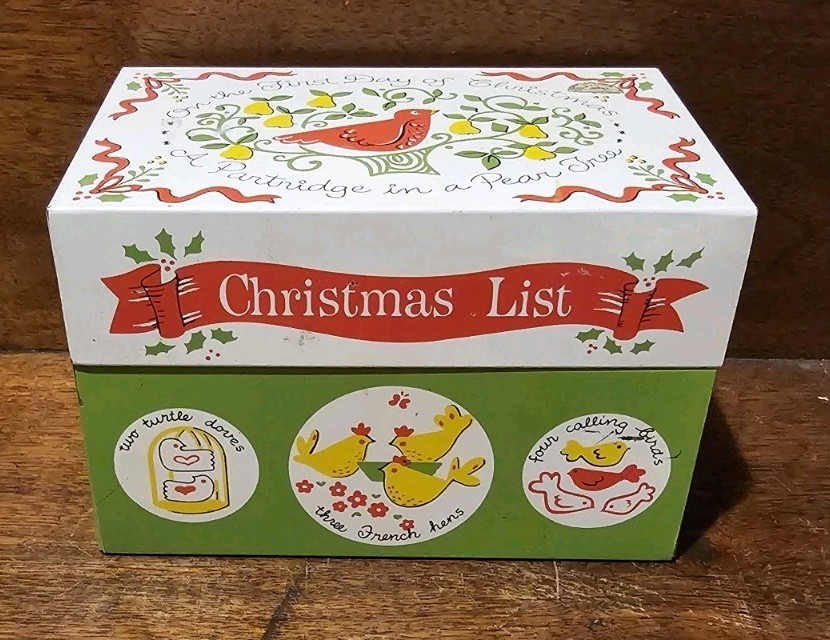 Vintage Stylecraft 12 Days of Christmas Metal Card List Recipe Box Tin 3x5