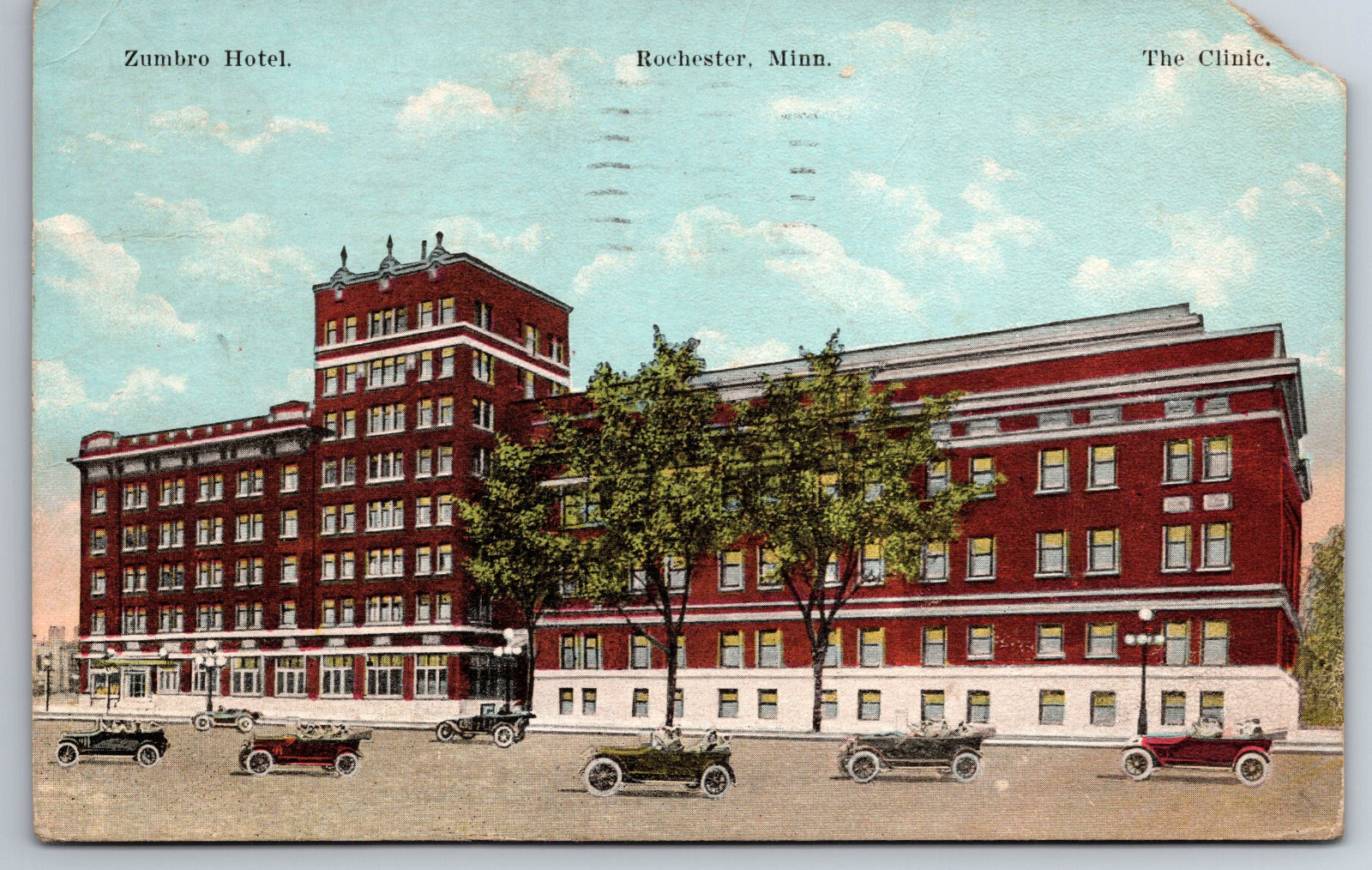Vintage Postcard MN Rochester Zumbro Hotel The Clinci Old Cars c1924 ~7143