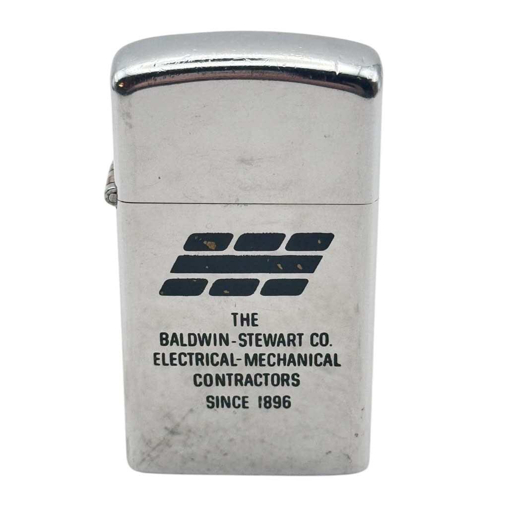 Zippo Slim Baldwin-Stewart Electrical Contractors Lighter 1974 Tentative