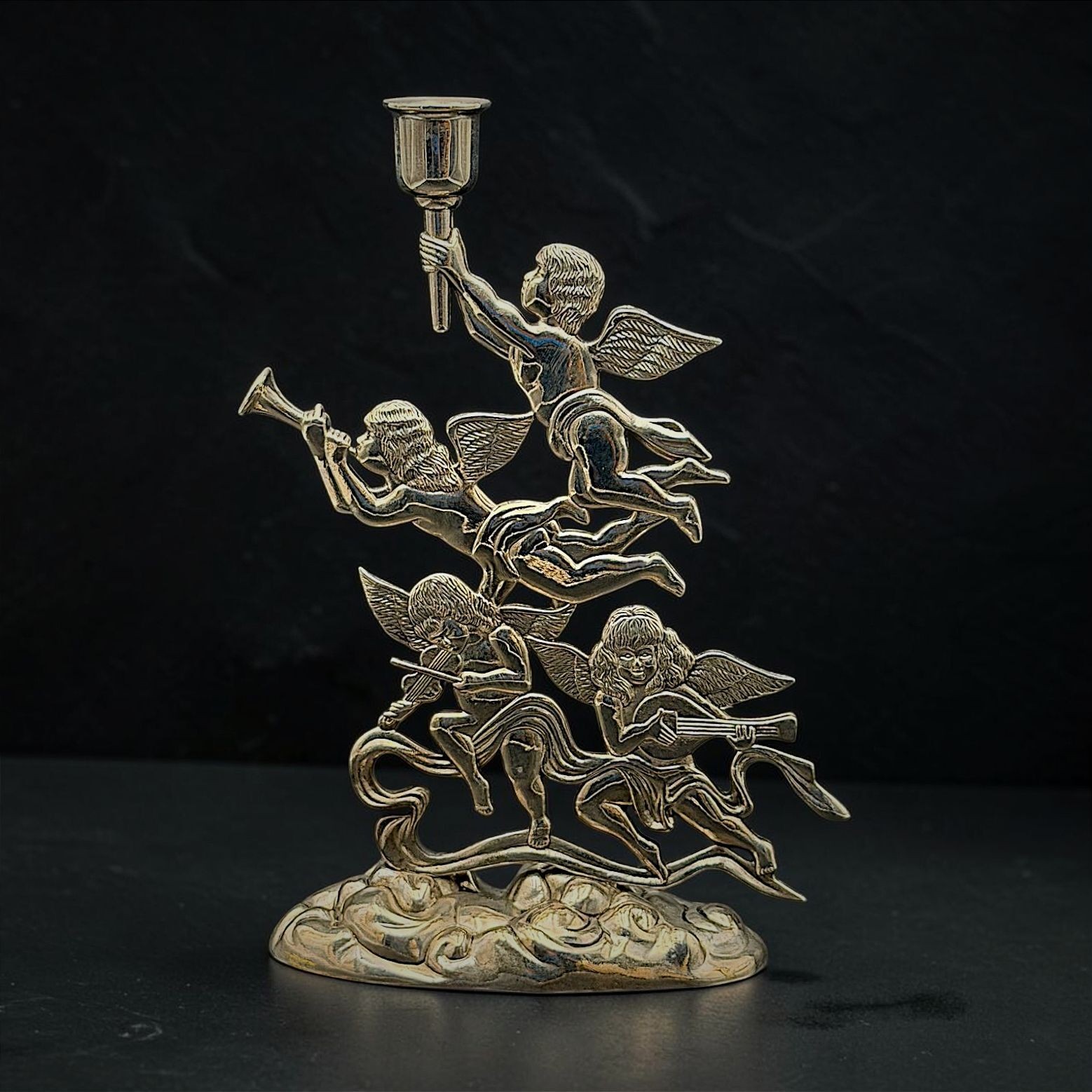 Vtg. Godinger Silver Plated Cherub Angel Musicians Candlestick Candle Holder 10 Vtg. Godinger Silver Plated Cherub Angel Musicians Candlestick Candle Holder 10