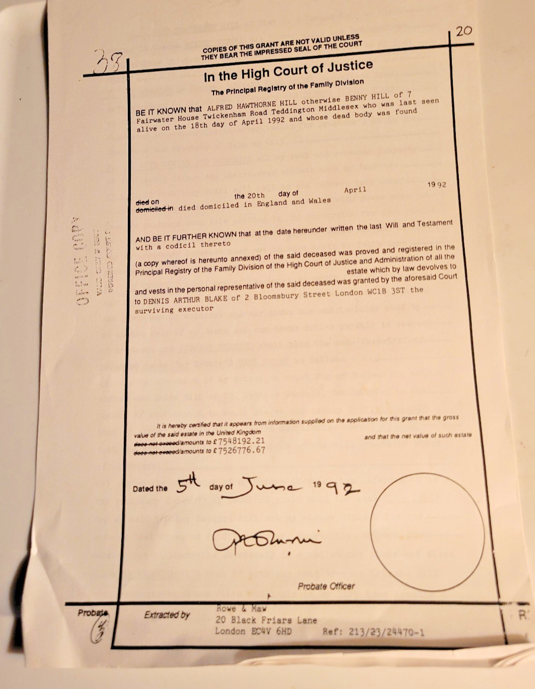 Benny Hill Last Will and Testament Copy April 20, 1992 Benny Hill Last Will and Testament Copy April 20, 1992