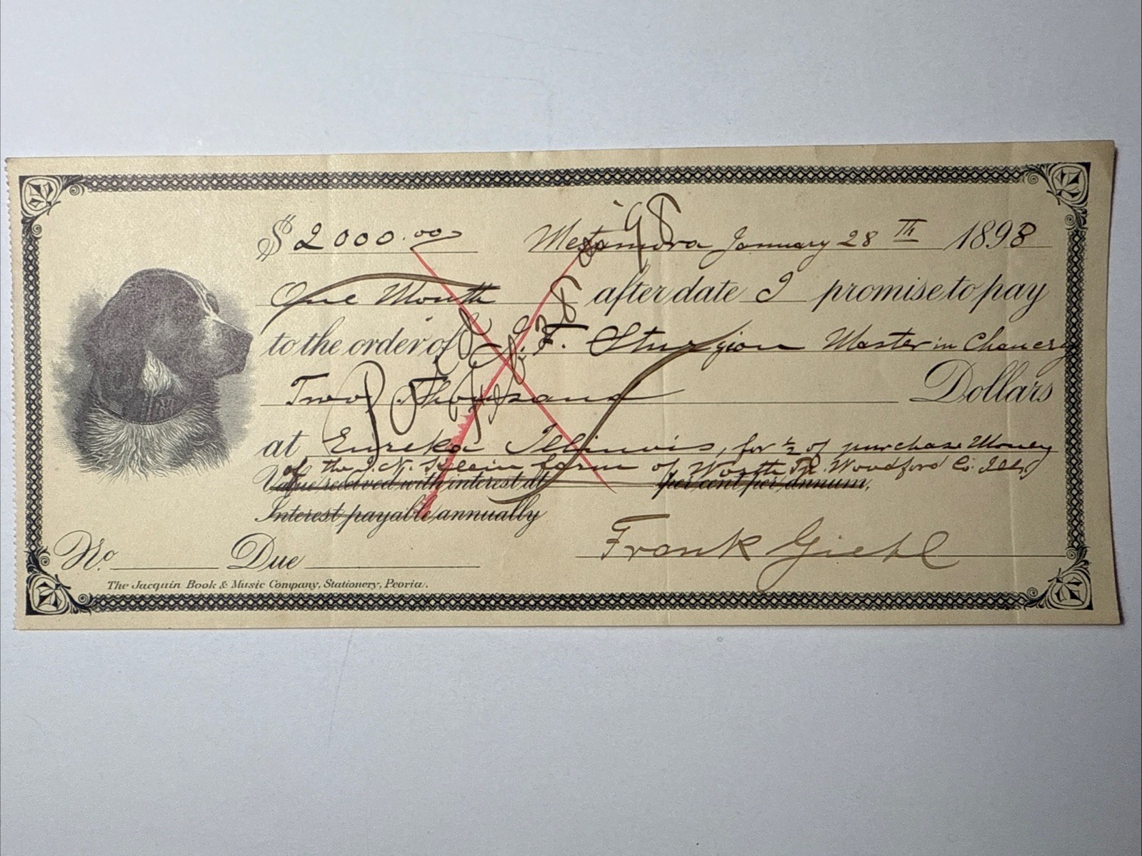 1898 Metamora Ill DOG Vignette Promise to Pay Check Tax Revenue Stamps IRS
