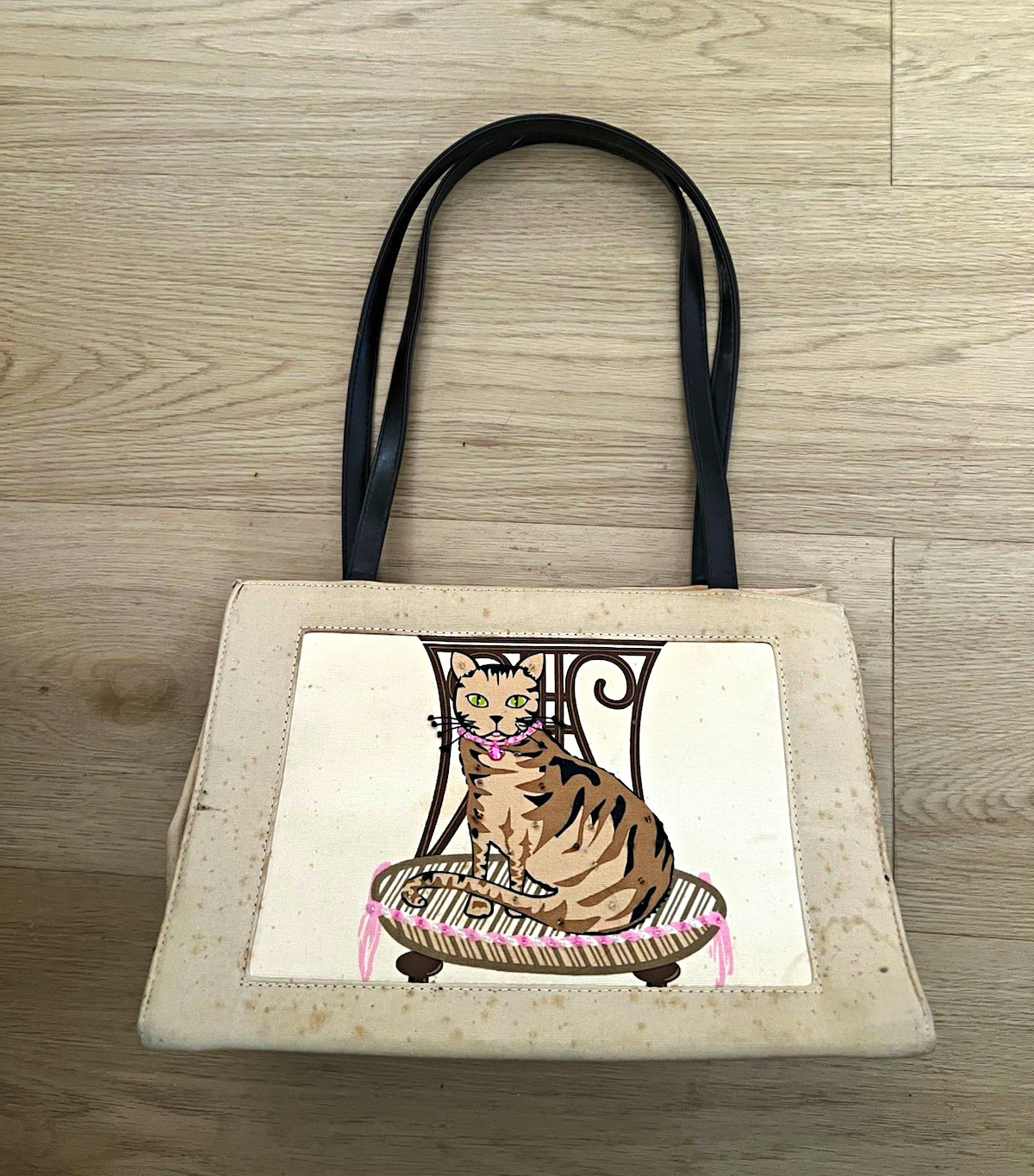 Vintage Cat Themed Cream Tote Handbag Purse Brown Shoulder Straps & Cat Graphic