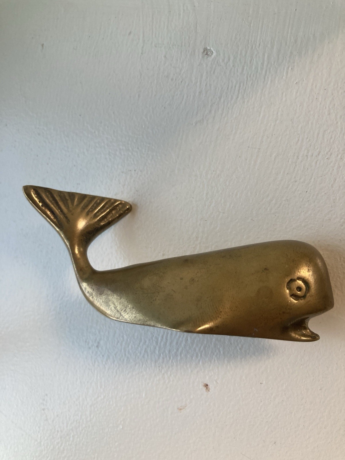 Vintage Solid Brass Whale Paperweight 3.5” Long Mid Century Nautical