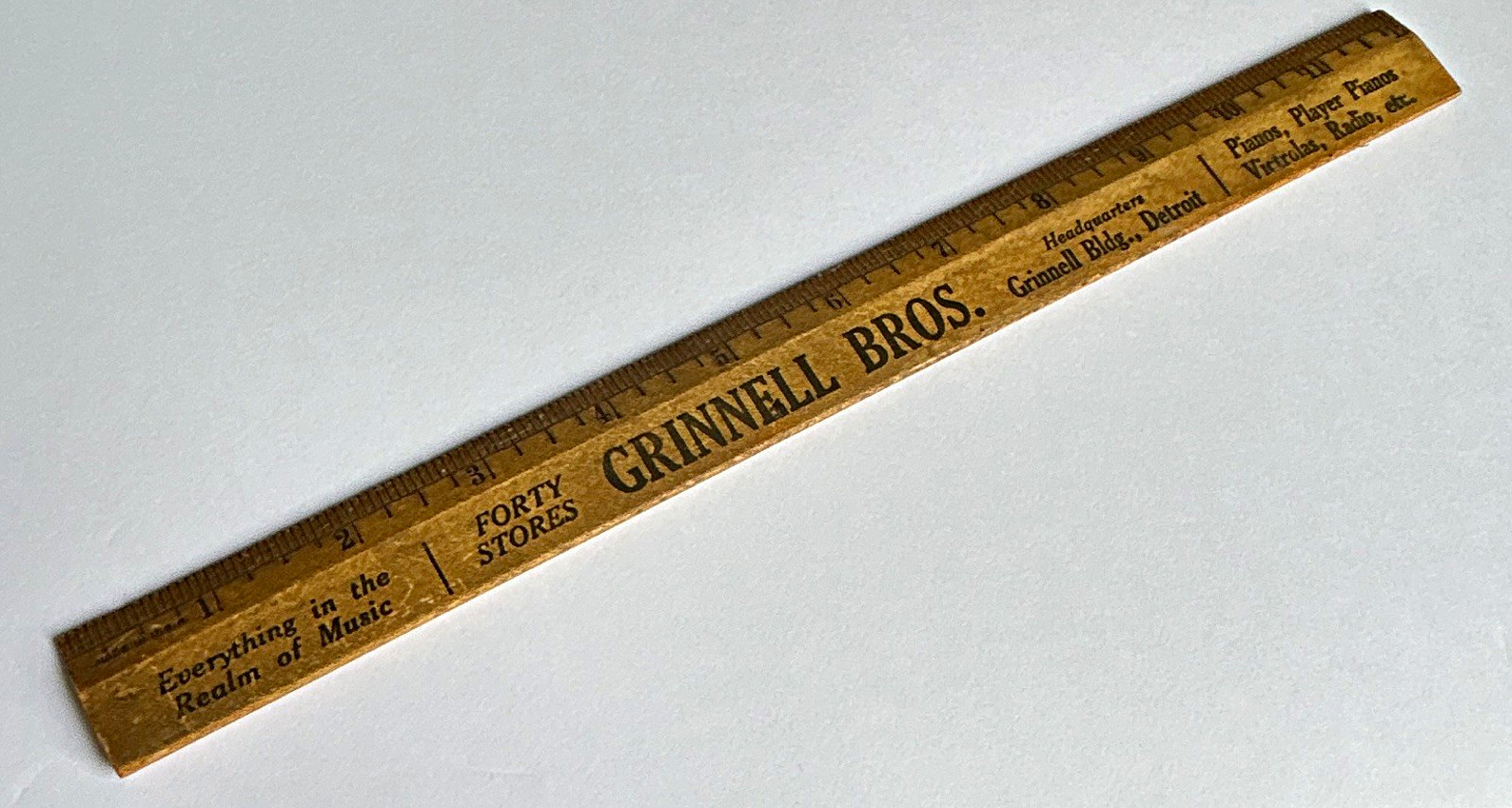 Vintage Grinnell Bros Detroit MI 12” Wooden Ad Ruler Victrola Piano Radio 1920s