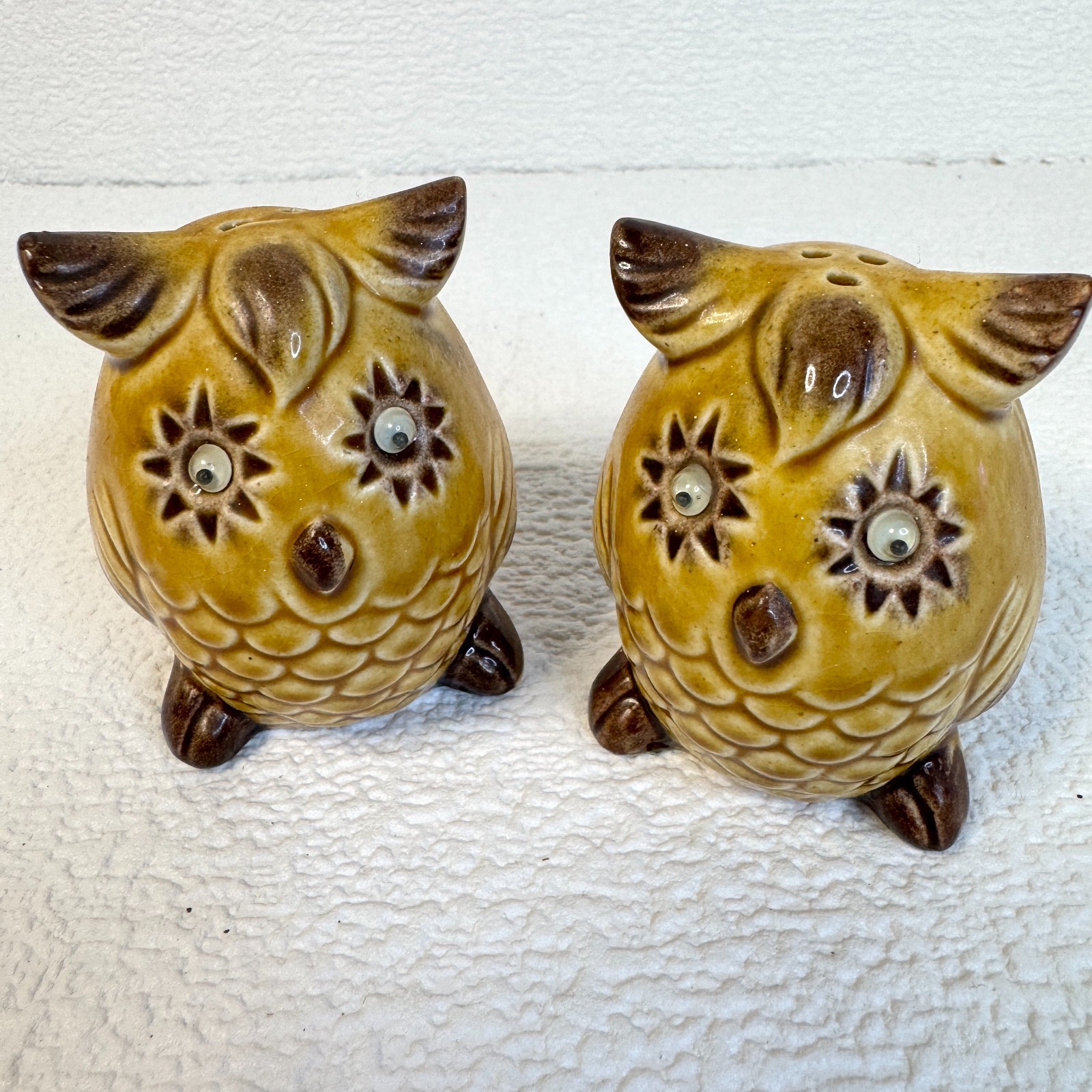 Vintage Fairway Japan Owl Salt & Pepper Shakers Ceramic Cute Figural Set Googly