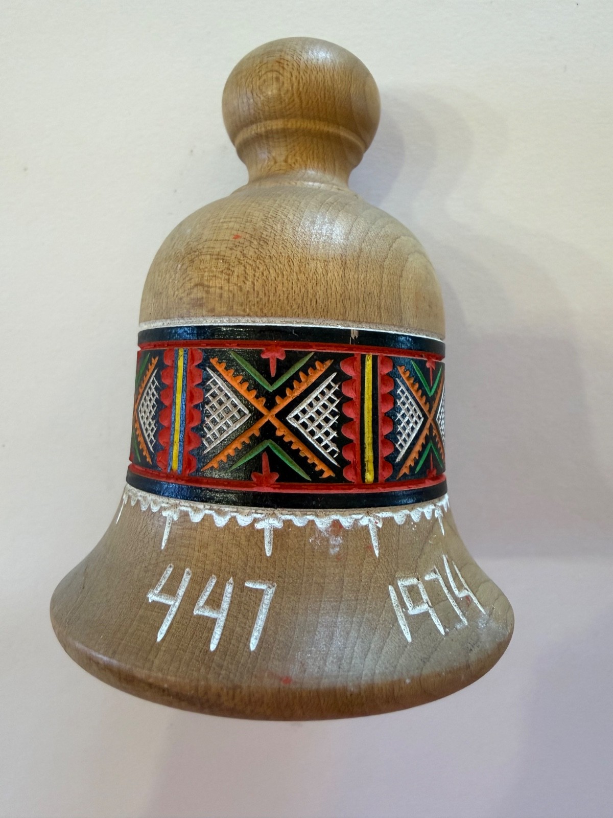 Vintage 1974 Ukrainian Hutsul Carved Wood Bell Hand Painted slavic Folk Art
