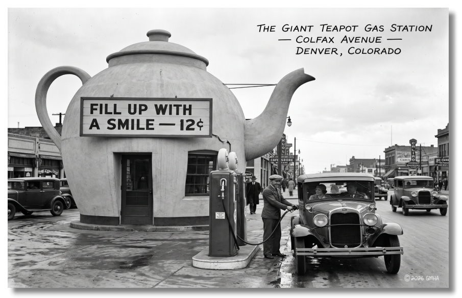 Vintage‑STYLE NEW ART 1930\'s RPPC-TEAPOT GAS STATION COLFAX AVE.-DENVER CO-FAUX