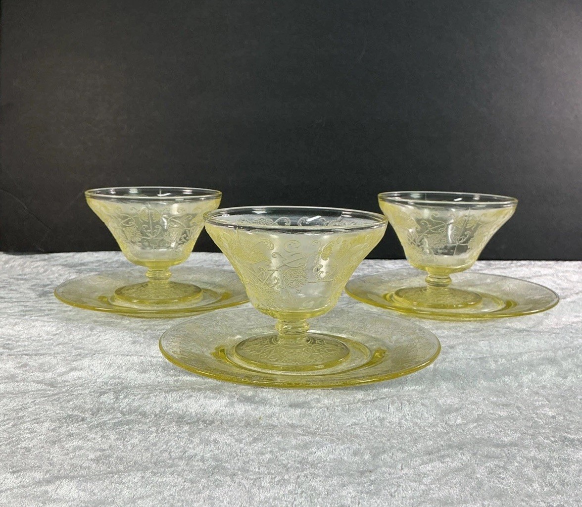 VTG Set 3 Hazel Atlas Florentine Sherbet Cups Saucers Yellow Depression Glass VTG Set 3 Hazel Atlas Florentine Sherbet Cups Saucers Yellow Depression Glass