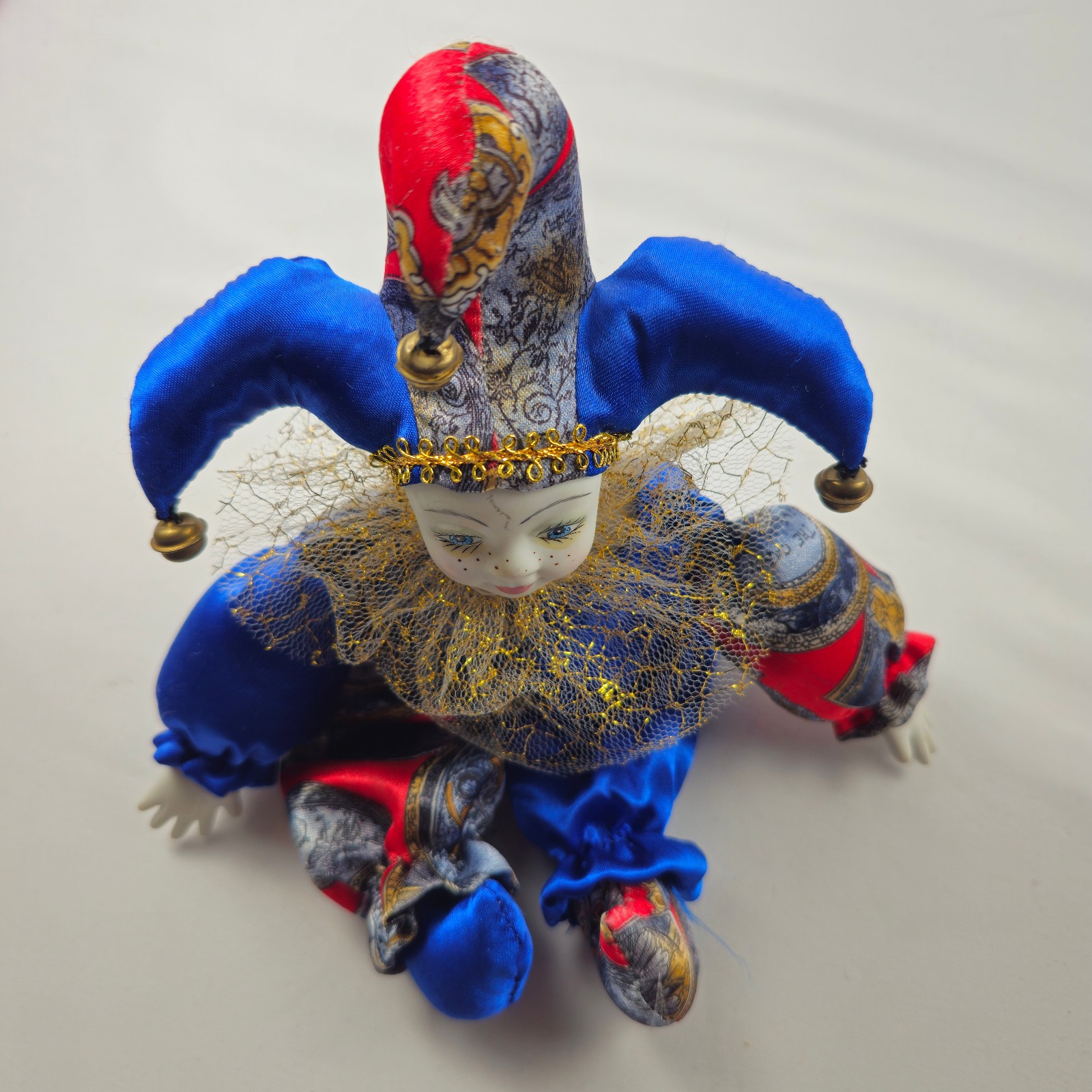 Porcelain Face Jester Clown Doll Blue Red Harlequin Decorative Figure Vintage 11