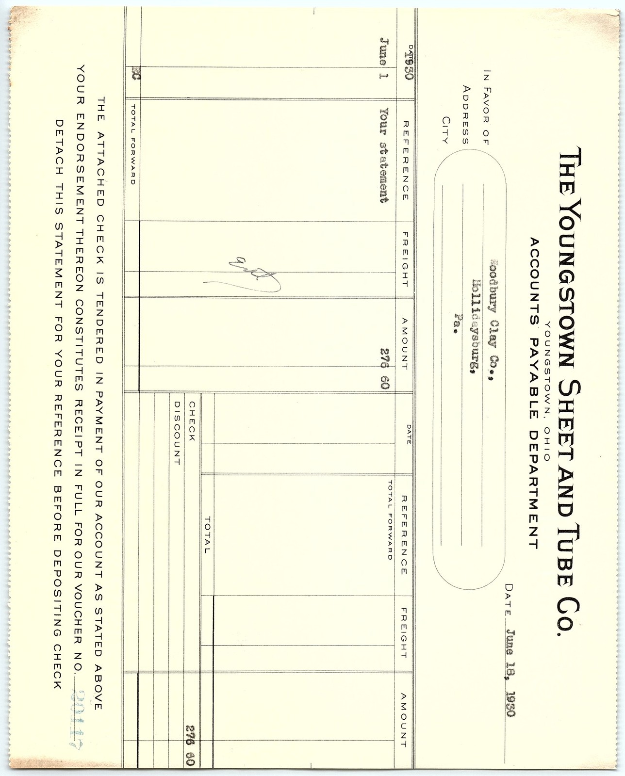1950 Youngstown Sheet & Tube Co. Billhead, Conkling Clay