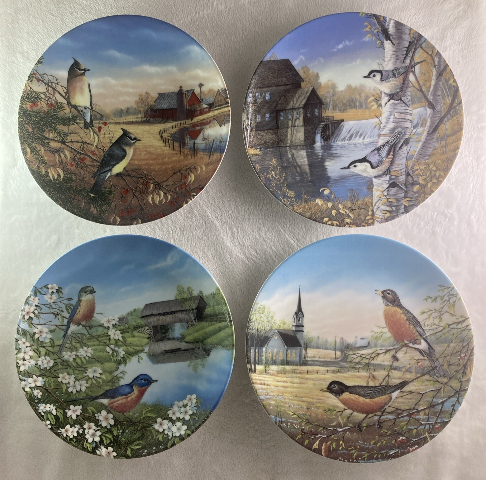 Plate Set of 4 BIRDS OF THE SEASONS Cedar Waxwings Nuthatches Bluebirds & Robins