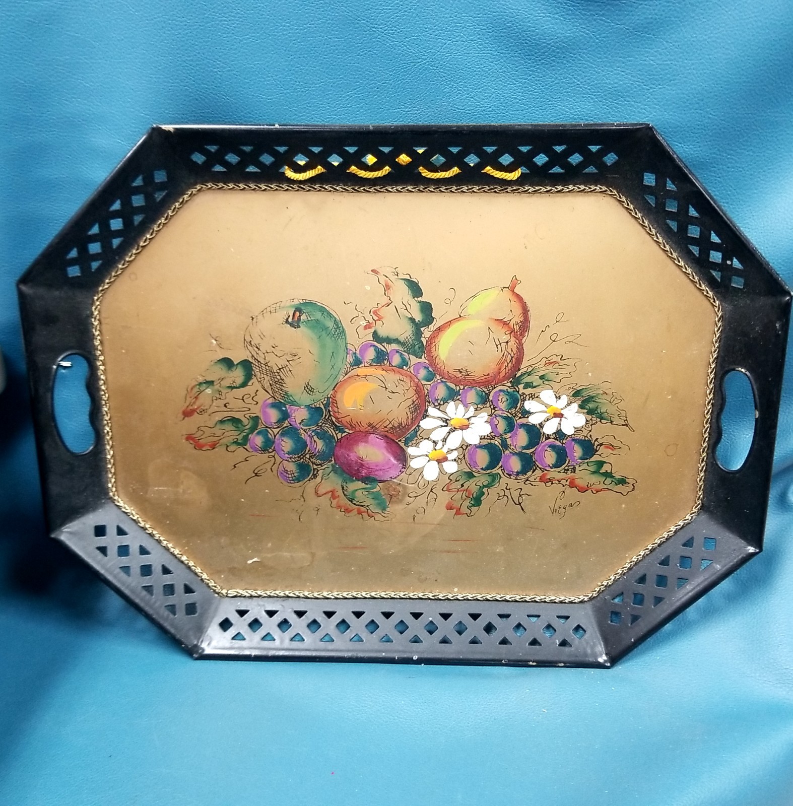 VTG Hand Painted Fruit + Floral Toleware Metal Serving Tray 20x15