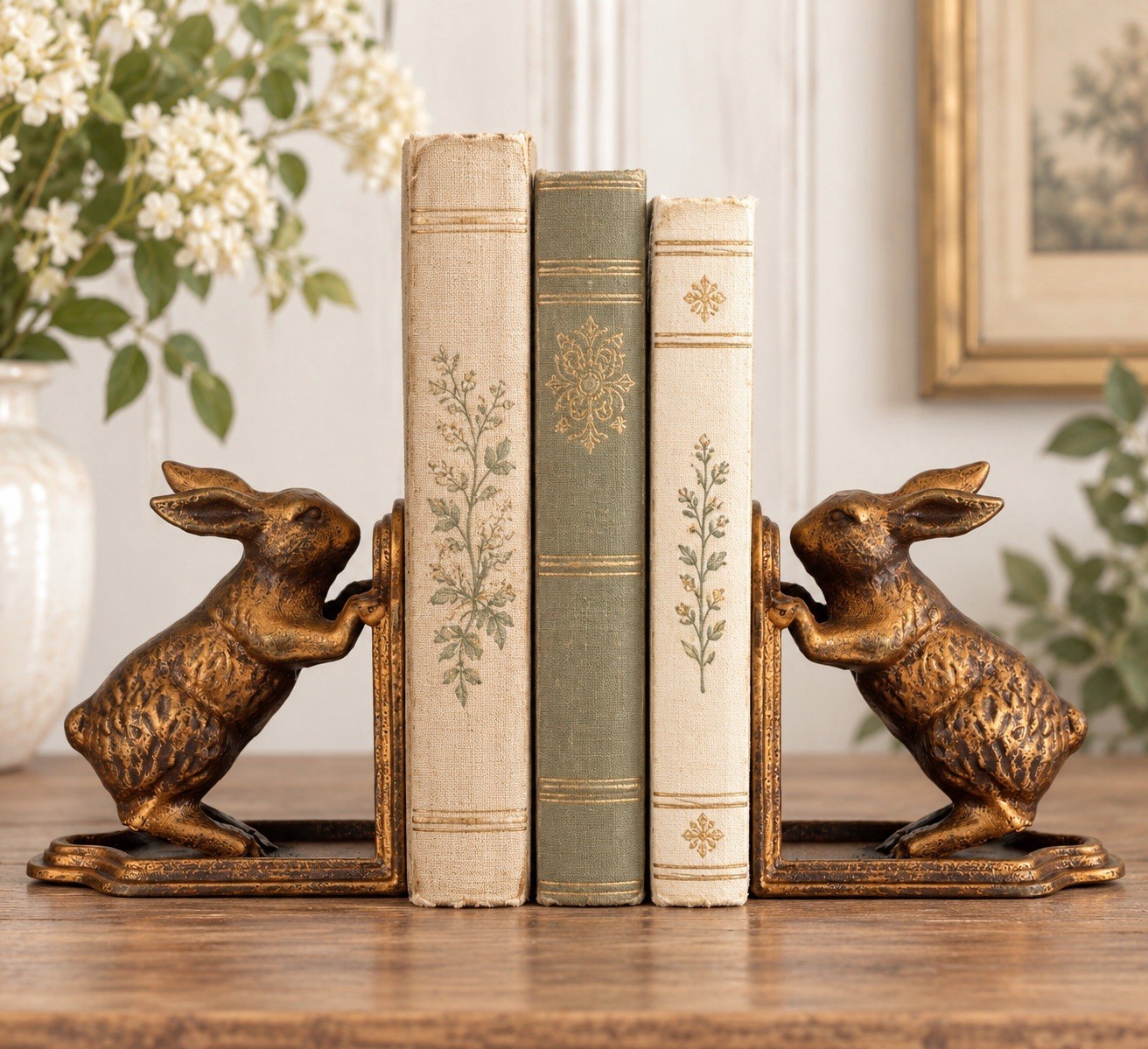 Vintage Antique Gold Cast Iron Bunny Rabbit Bookends Cast Iron Bunny Shelf Decor