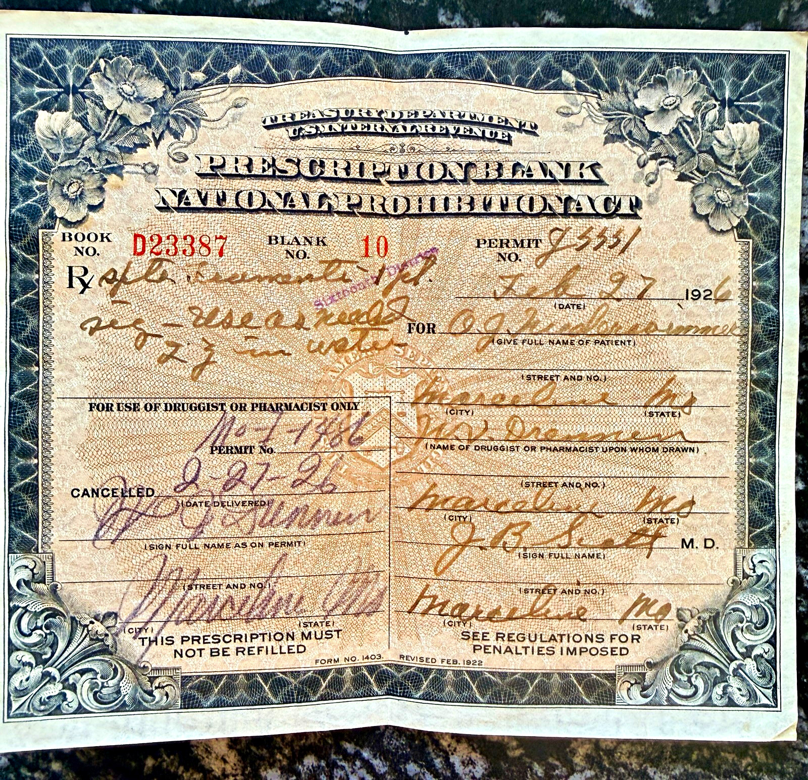 1926 U.S. Treasury Dept National Prohibition Act Prescription Blanks Lot of 2 1926 U.S. Treasury Dept National Prohibition Act Prescription Blanks Lot of 2