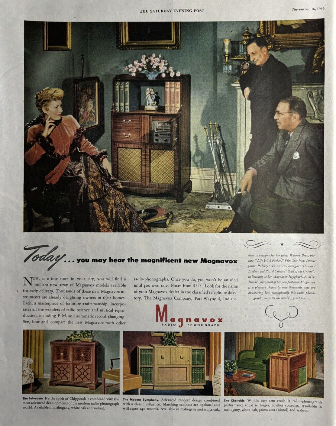 1946 Magnavox Radio Phonograph Belvedere Modern Symphony Chairside VTG Print Ad