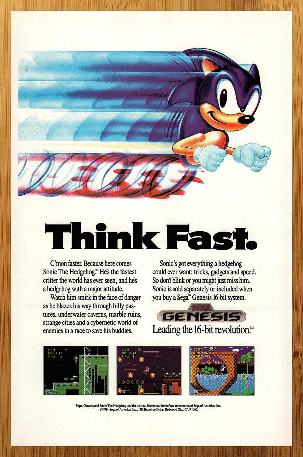 1991 Sonic the Hedgehog Sega Genesis Print Ad/Poster Official Game Promo Art 90s