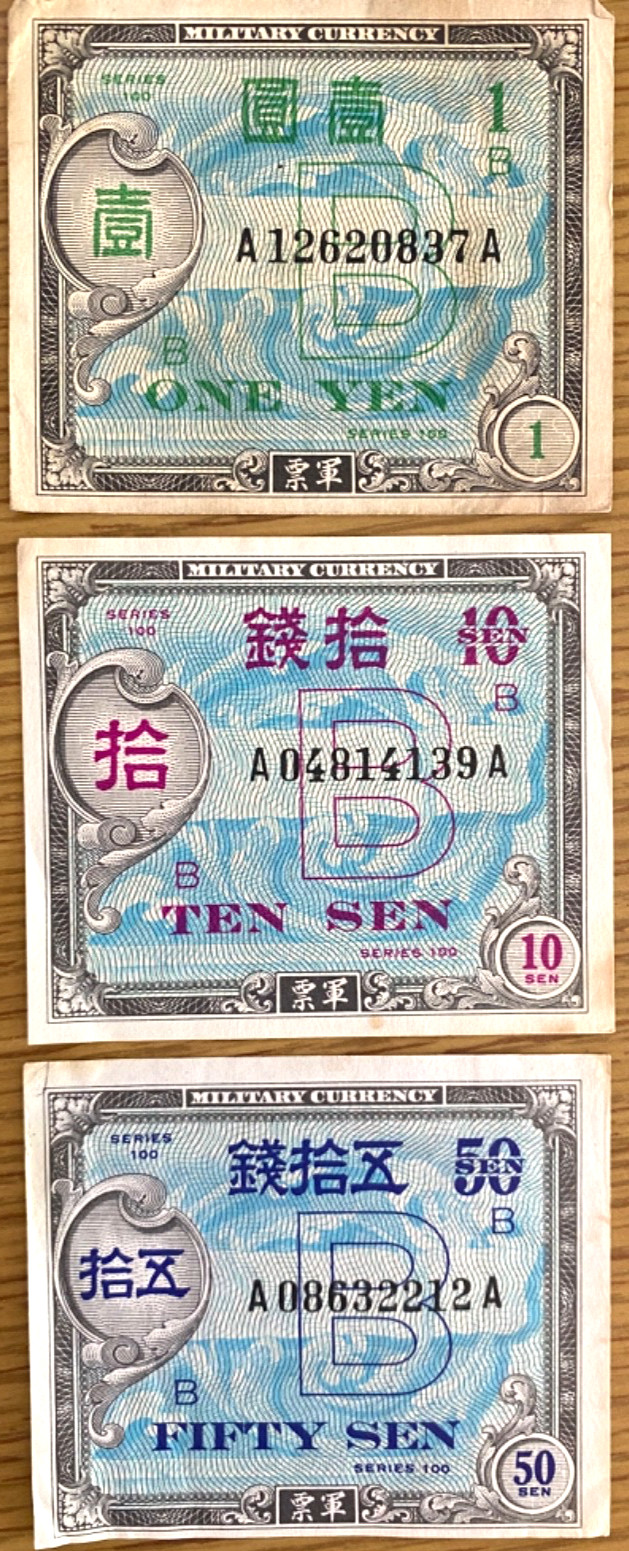 1945 ALLIED MILITARY CURRENCY lot three wartime bills JAPAN B-NOTES, SERIES 100