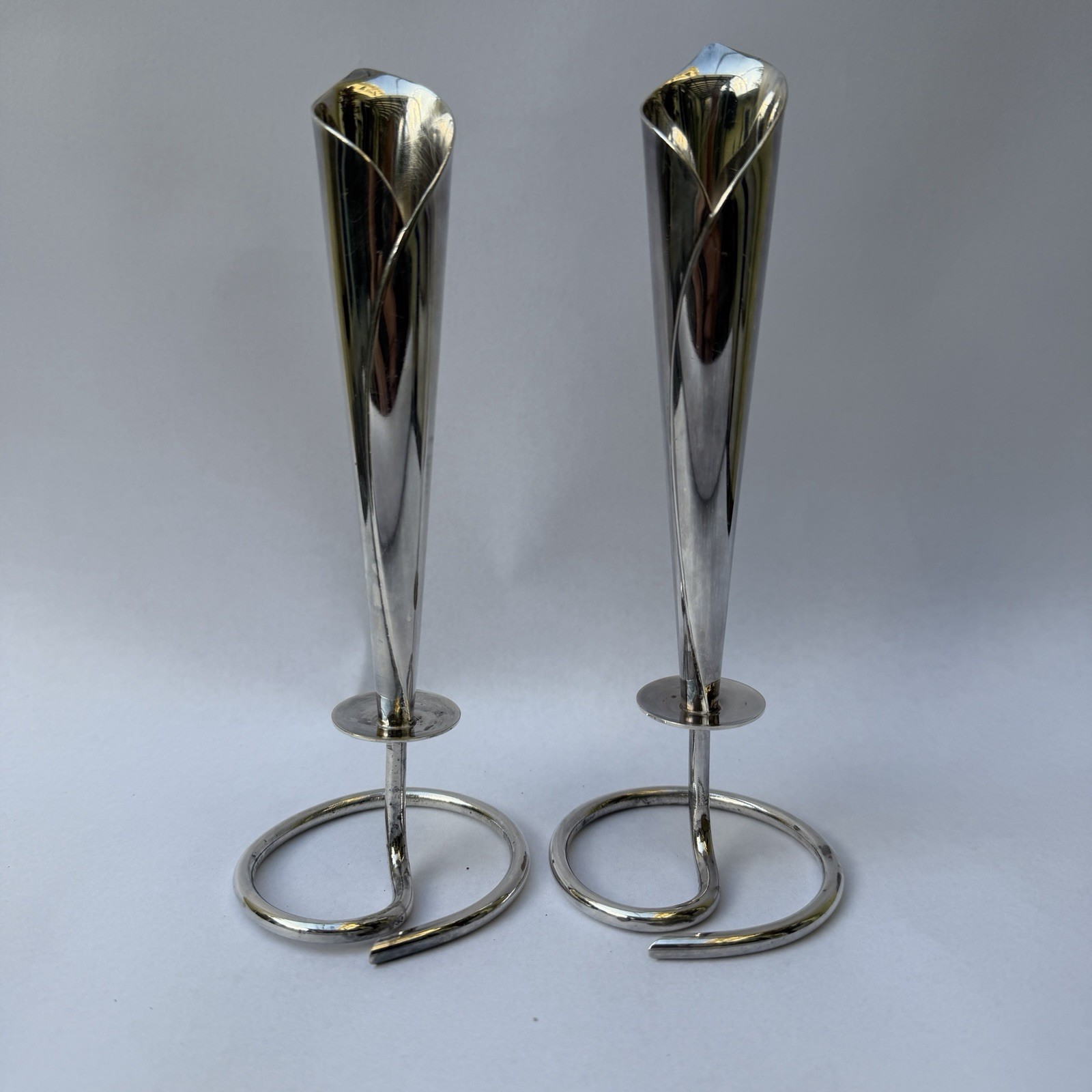 Hans Jensen Calla Lily Candleholders Denmark Silverplate Dolphin Mark