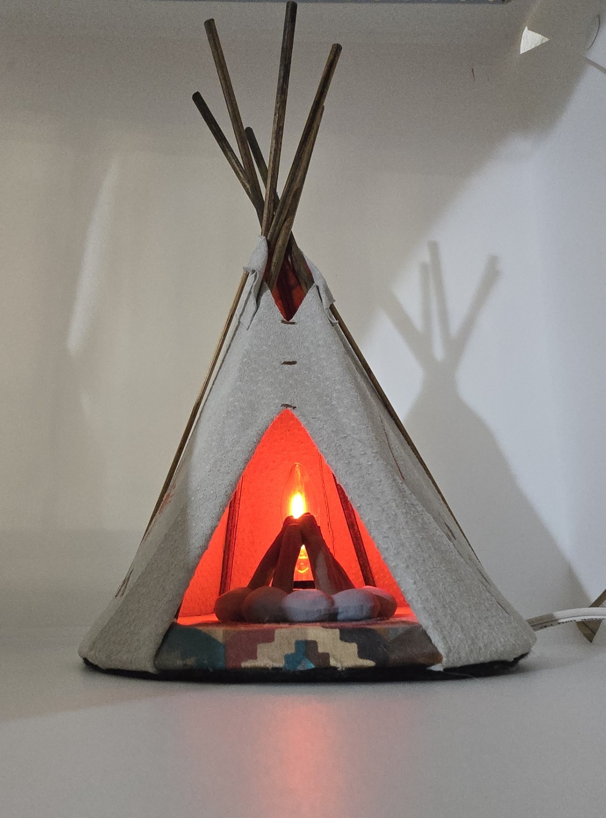 Vintage Native American Canvas Tabletop Teepee Lamp Night Light Flickering Flame Vintage Native American Canvas Tabletop Teepee Lamp Night Light Flickering Flame